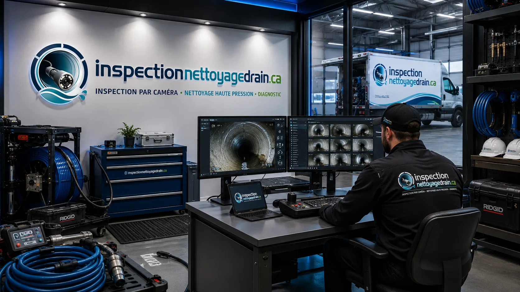Poste de visionnement d'inspections de drains par caméra, écrans et équipements