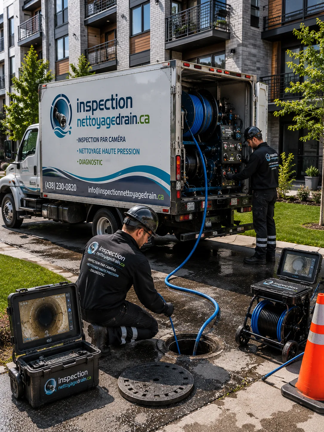 Équipe et camion d'inspection intervenant sur un regard devant un immeuble